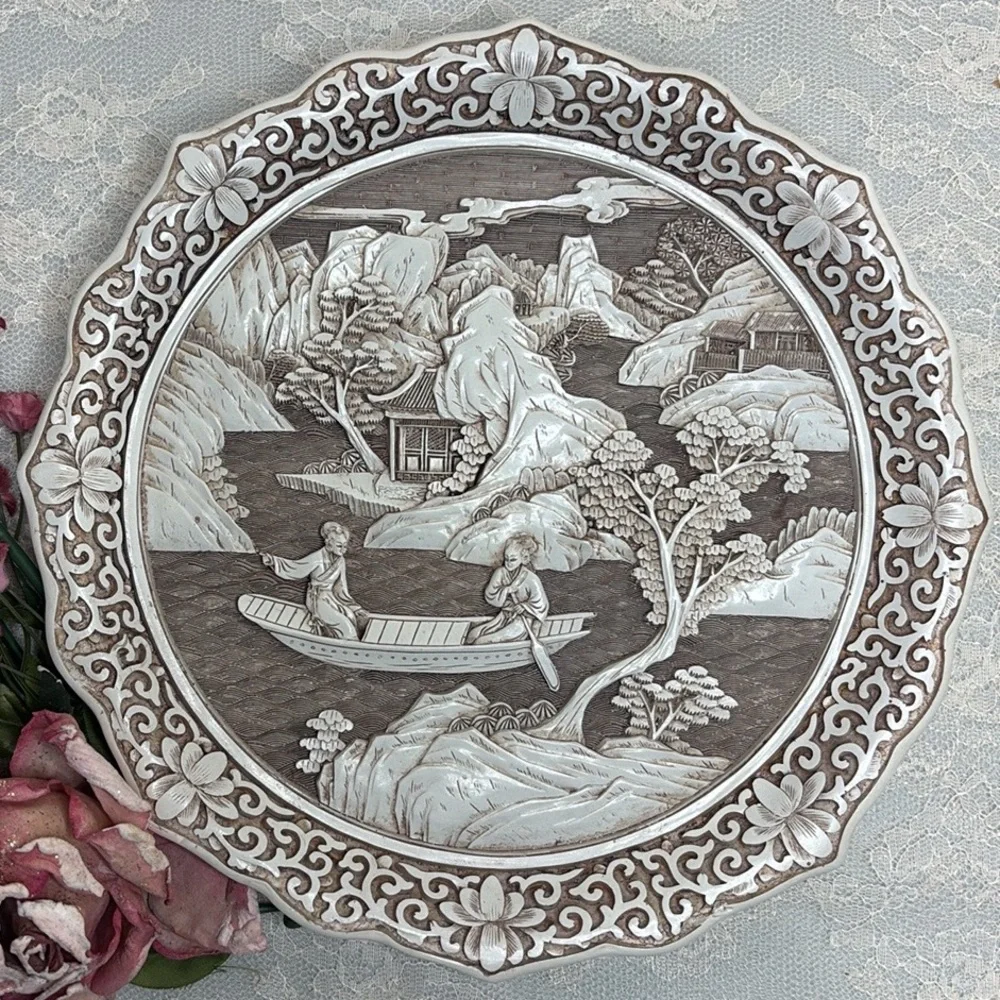 Vintage Asian Plate Ivory Dynasty Carved Art Sculpture Vintage Picture Plate